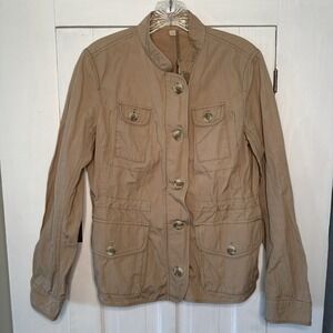 LOFT Medium Lightweight Cinch Waist Utility Khaki Jacket Zipper Buttons Pockets